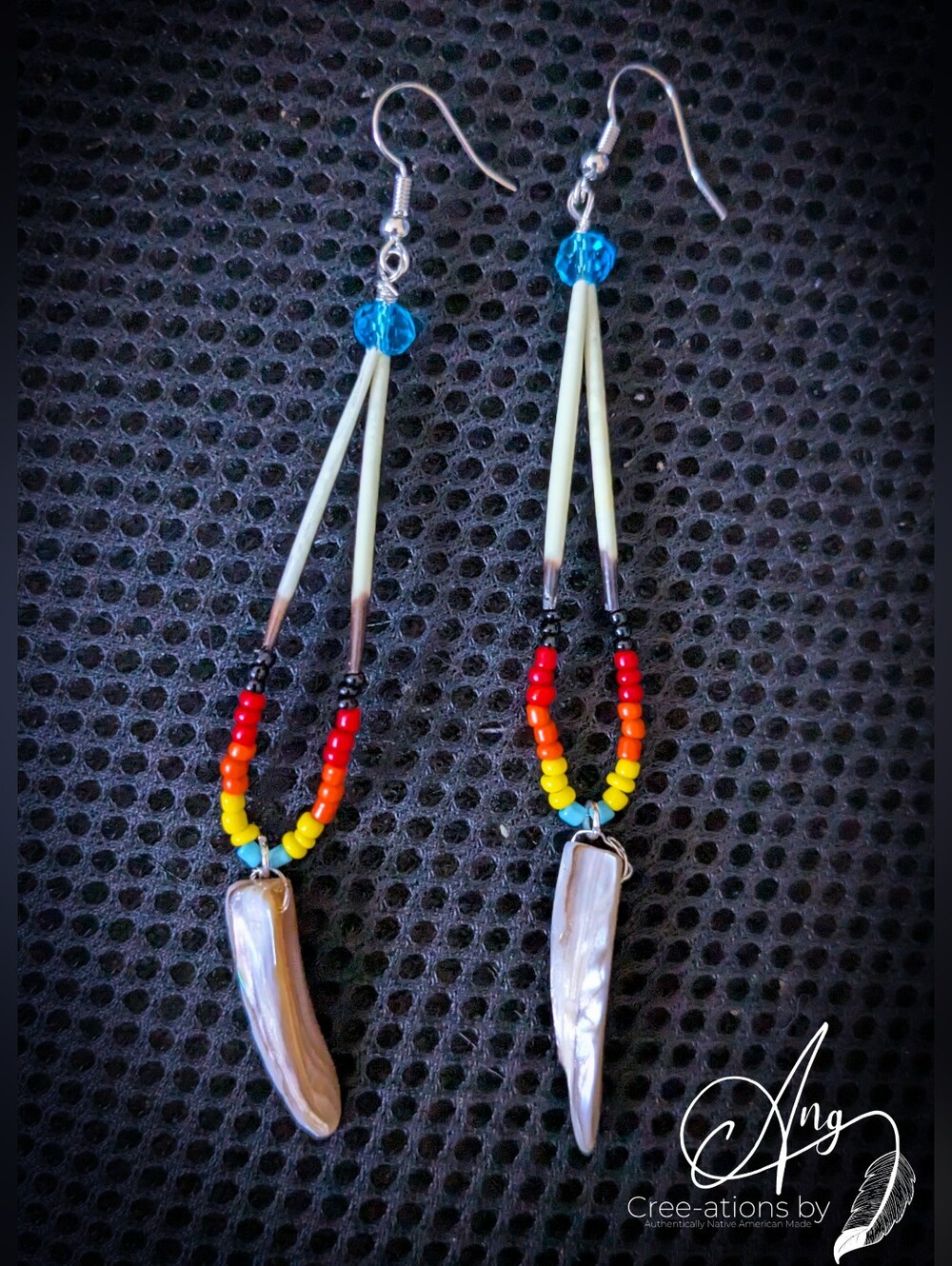 Native American Fire Color Quill Earrings With Shell Spikes